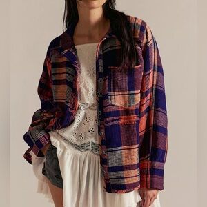 NWT Free People We The Free Cozy In Plaid Button Down Shirt - Navy Sabrina Plaid